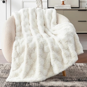 image:imageCozy Bliss Faux Fur Textured Throw Blanket for Couch Super Soft Fuzzy Checkered Bed Blanket Gift for Women Premium 3D Geom Jacquard All Season Use Cream White 5060Cream White Geom