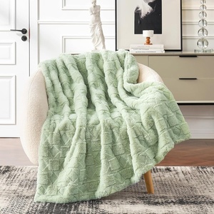 image:imageCozy Bliss Faux Fur Textured Throw Blanket for Couch Super Soft Fuzzy Checkered Bed Blanket Gift for Women Premium 3D Geom Jacquard All Season Use Cream White 5060Sage Green Geom
